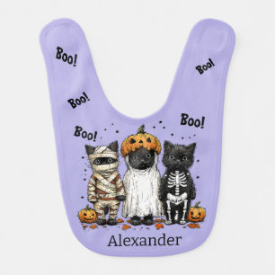 3 Costumed Black Kitties - Skeleton, Ghost & Mummy Baby Bib