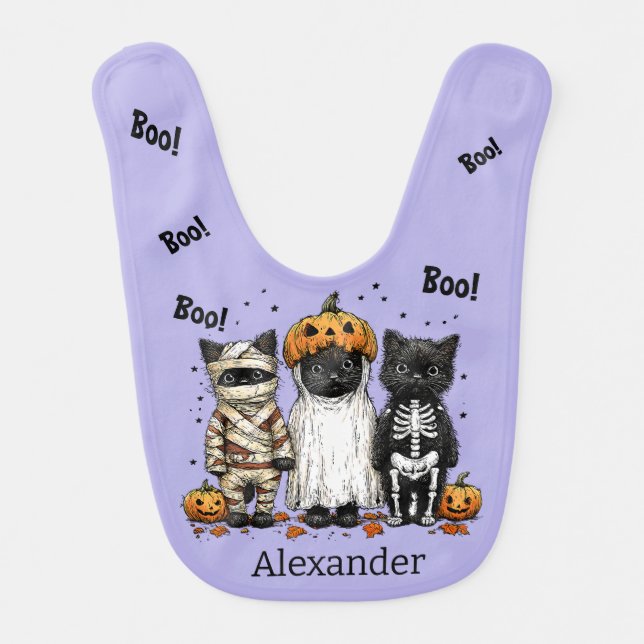 3 Costumed Black Kitties - Skeleton, Ghost & Mummy Baby Bib (Front)