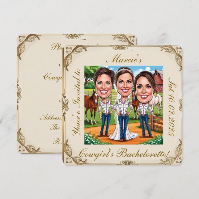 3 Cowgirl Bridal caricatures on the farm (Front/Back)