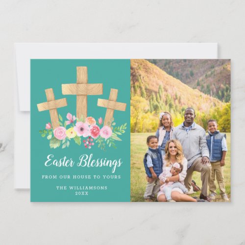 3 Crosses Floral Easter Blessings Photo Holiday Card