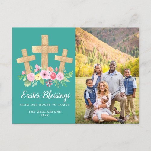3 Crosses Floral Easter Blessings Photo Holiday Postcard