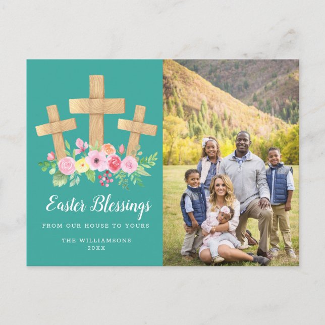 3 Crosses Floral Easter Blessings Photo Holiday Postcard (Front)