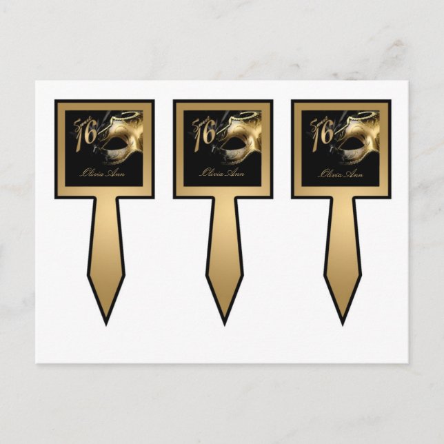 3 Cup Cake Picks Sweet 16 Gold Black Party Invitation Postcard (Front)