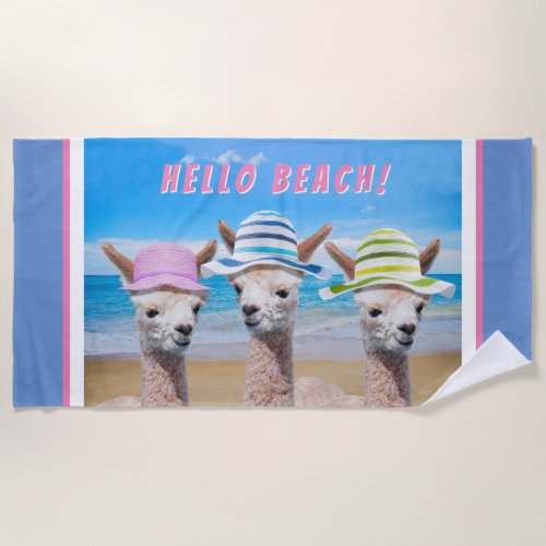 3 Cute Alpacas In Sun Hats Personalize Beach Towel