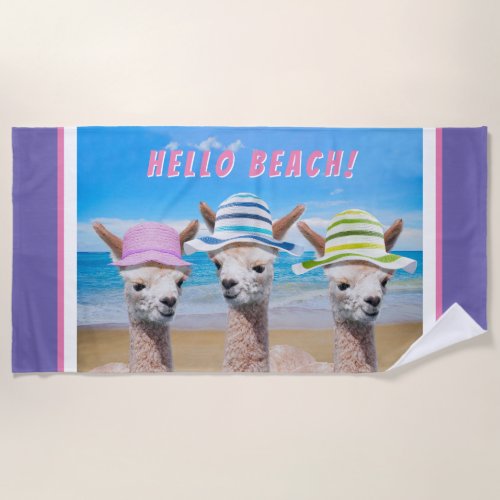 3 Cute Alpacas In Sun Hats Personalize Periwinkle Beach Towel
