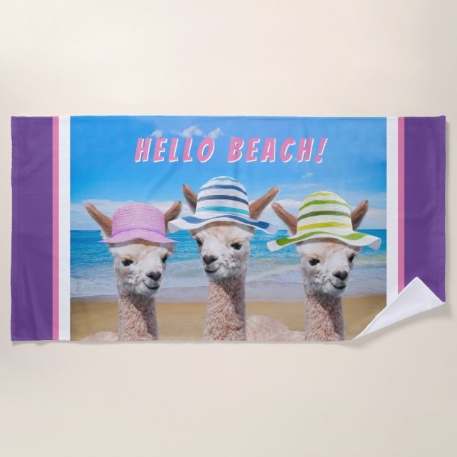 3 Cute Alpacas In Sun Hats, Personalize, Purple Beach Towel (Front)