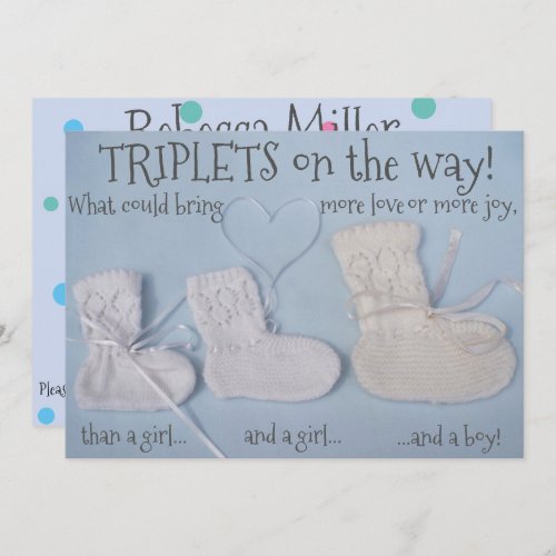 3 cute booties with heart triplets baby shower invitation