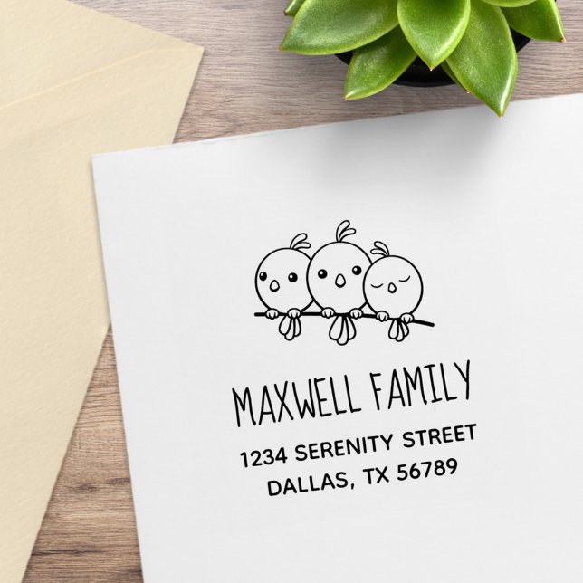 3 Cute Cartoon Birds Family Address Rubber Stamp (Creator Uploaded)