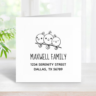 3 Cute Cartoon Birds Family Address Rubber Stamp