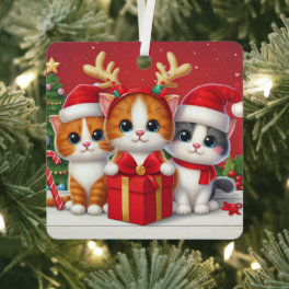 3 Cute Christmas cats illustration Metal Ornament