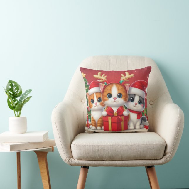 3 Cute Christmas cats illustration Throw Pillow (Chair)