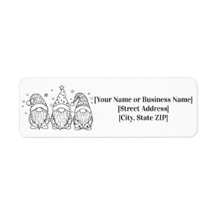 3 Cute Christmas Gnomes Line Art Outline Black Whi Label