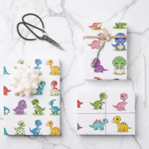 3 Cute Colorful Dino Pattern Birthday Wrap Sheets