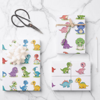 3 Cute Colorful Dino Pattern Birthday Wrap Sheets