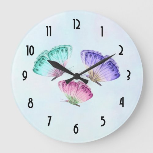 3 Cute Colorful Pastel Watercolor Butterflies Large Clock