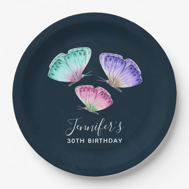 3 Cute Colorful Pastel Watercolor Butterflies Paper Plates (Front)