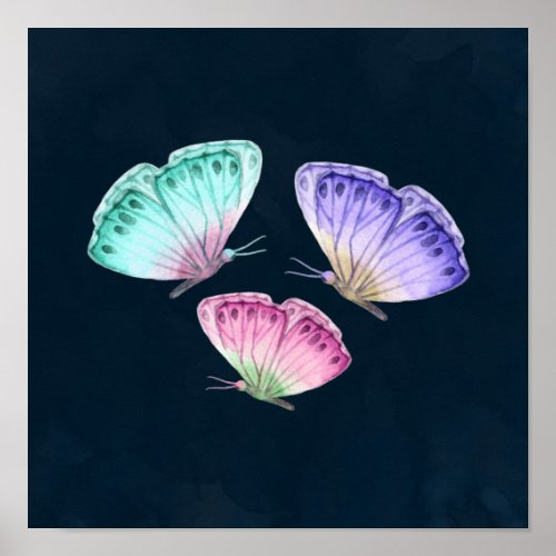 3 Cute Colorful Pastel Watercolor Butterflies Poster