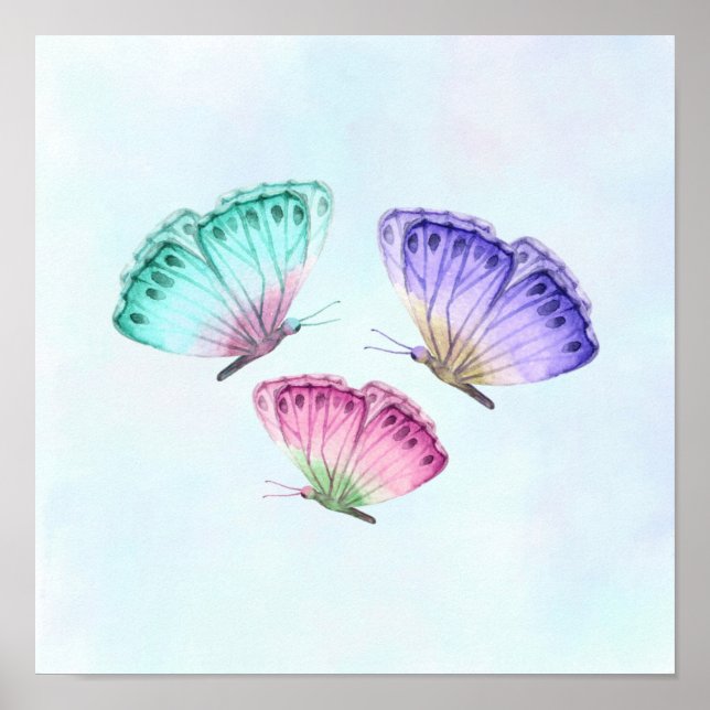 3 Cute Colorful Pastel Watercolor Butterflies Poster (Front)