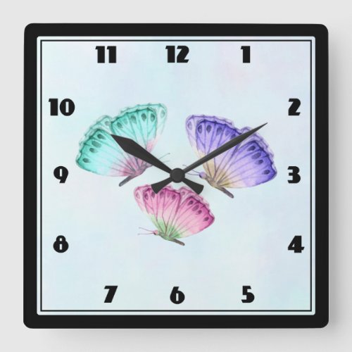 3 Cute Colorful Pastel Watercolor Butterflies Square Wall Clock