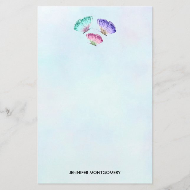 3 Cute Colorful Pastel Watercolor Butterflies Stationery (Front)