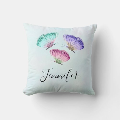 3 Cute Colorful Pastel Watercolor Butterflies Throw Pillow