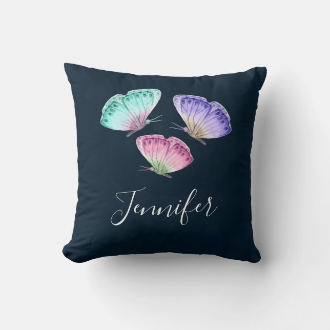 3 Cute Colorful Pastel Watercolor Butterflies Throw Pillow (Front)