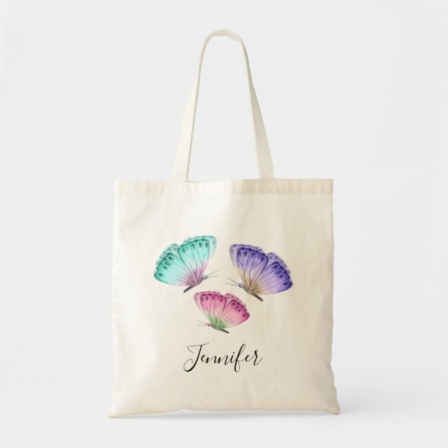 3 Cute Colorful Pastel Watercolor Butterflies Tote Bag (Front)