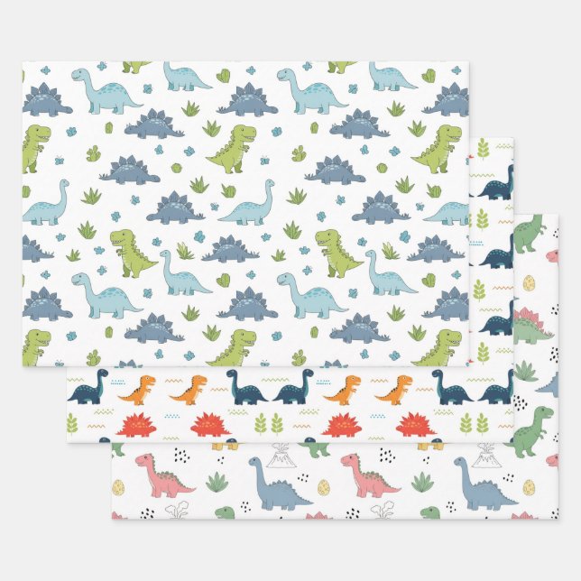 3 Cute Dino Pattern Kids Birthday Wrapping Paper Sheets (Set)