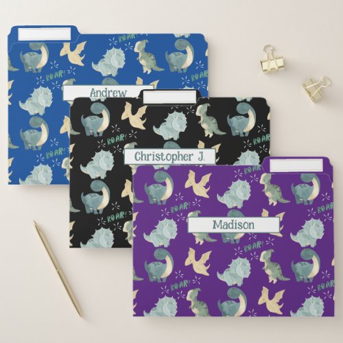 3 Cute Dinosaur Blue Black Purple 1 Name or 3 File Folder