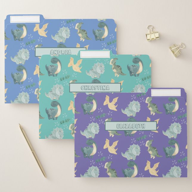 3 Cute Dinosaur Patterns Blue Teal Purple File Folder (Set)