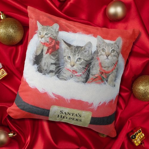 3 Cute Kittens Santas Little Helpers Throw Pillow