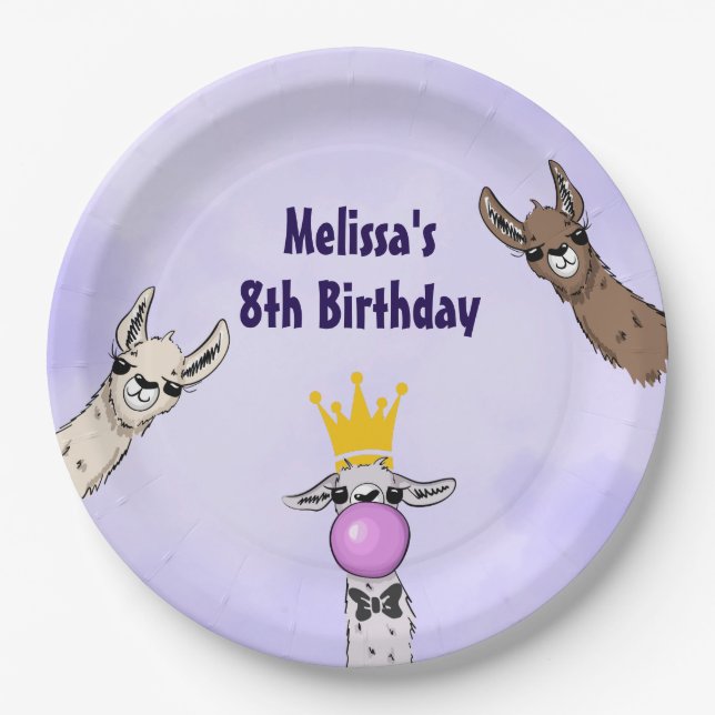 3 Cute Llama Faces Cartoon Illustration Birthday Paper Plates (Front)