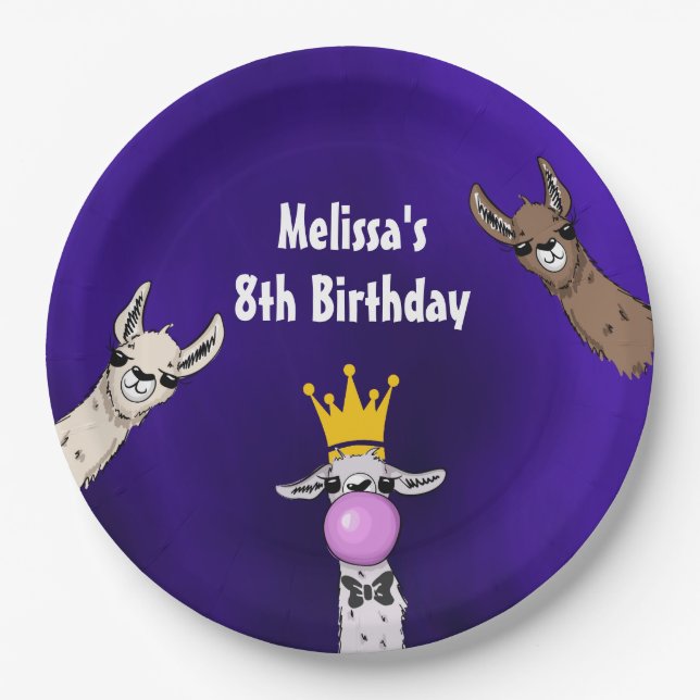 3 Cute Llama Faces Cartoon Illustration Birthday Paper Plates (Front)