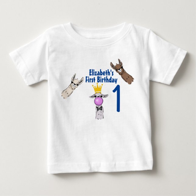 3 Cute Llama Faces Illustration 1st Birthday Baby T-Shirt (Front)