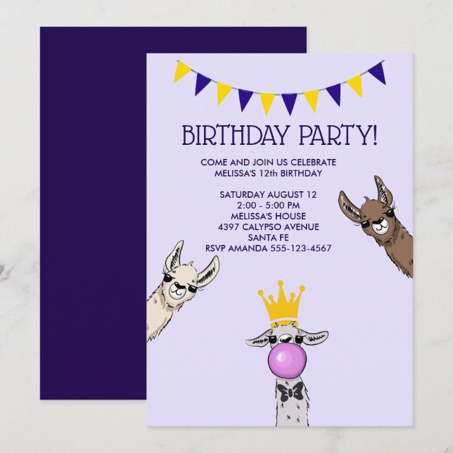 3 Cute Llama Faces Illustration Birthday Party Invitation (Front/Back)