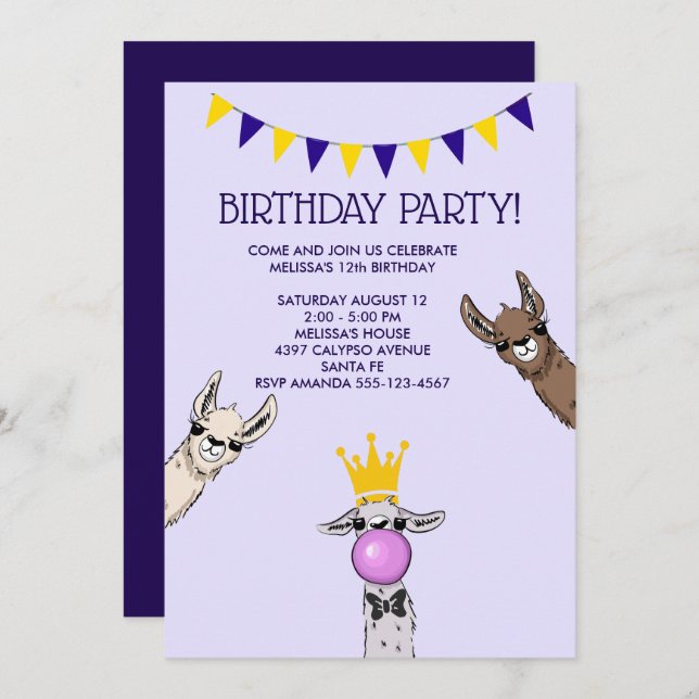 3 Cute Llama Faces Illustration Birthday Party Invitation (Front/Back)