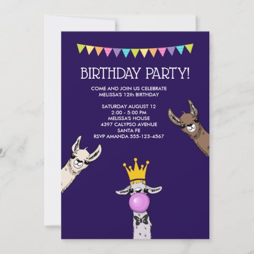3 Cute Llama Faces Illustration Birthday Party Invitation