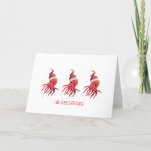 3 Cute Octopus Seas and Greetings Santa Hat Holiday Card