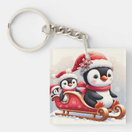 3 cute penguins in a sleigh keychain