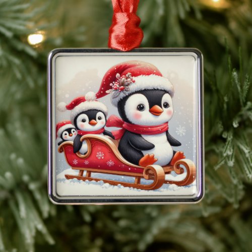 3 cute penguins in a sleigh metal ornament