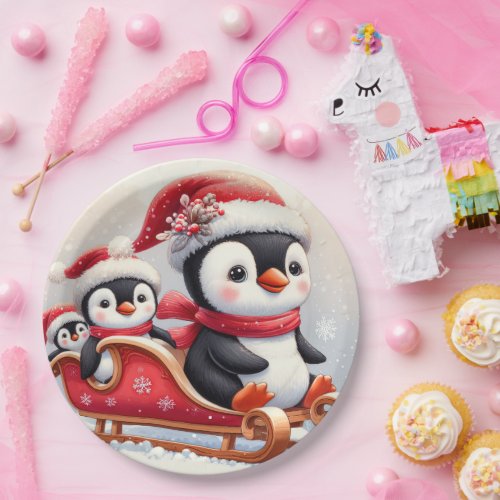 3 cute penguins in a sleigh paper plates