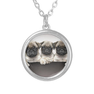 3 Cute Pug Pippies Silver Plated Necklace