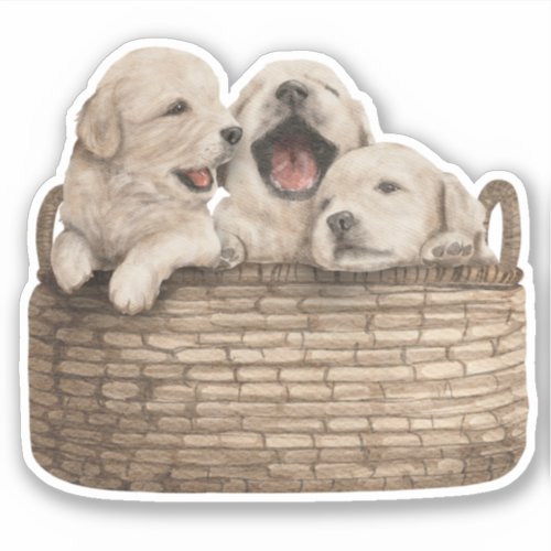 3 Cute Puppy Dogs Wicker Basket Sticker