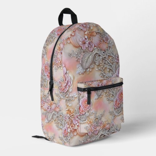 3_D bedazzled silver and pink roses Pattern Printed Backpack