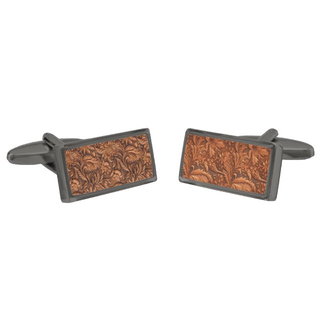 3-D brown tooled floral leather pattern Cufflinks (Angled)