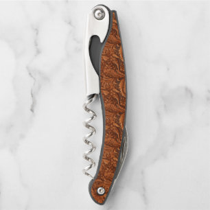 3-D brown tooled floral leather pattern Waiter's Corkscrew