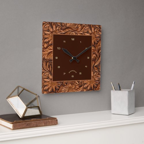 3_D Brown tooled leather floral pattern Square Wall Clock