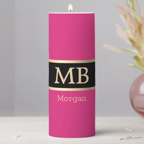 3_D Gold Monogram  Gold Name Fuchsia Gold Black Pillar Candle