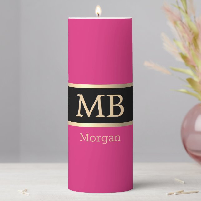 3-D Gold Monogram & Gold Name, Fuchsia Gold Black Pillar Candle (In Situ)