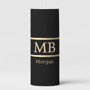 3-D Gold Monogram & Gold Name on Black Pillar Cand Pillar Candle
